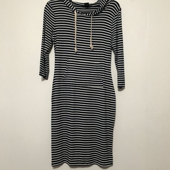 Oboe Navy Blue striped Long Sleeve Hood Stripe Bodycon Dress size M boho beach - Picture 1 of 8